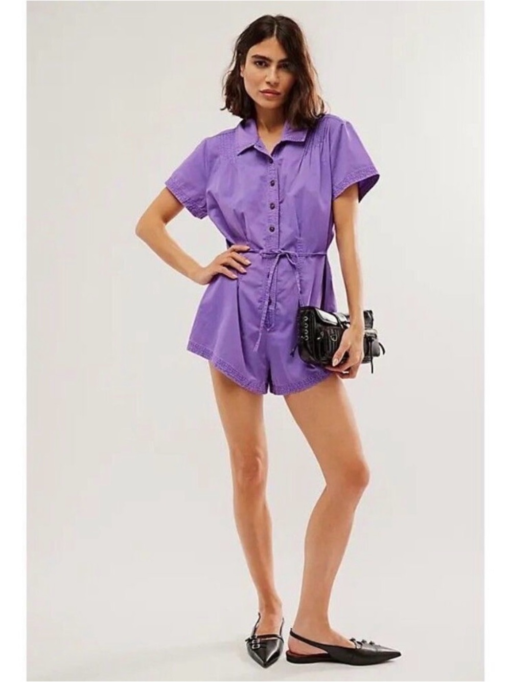 Free People Keep It Crisp Lavender Purple Short-Sleeve Romper with Tie Waist XS